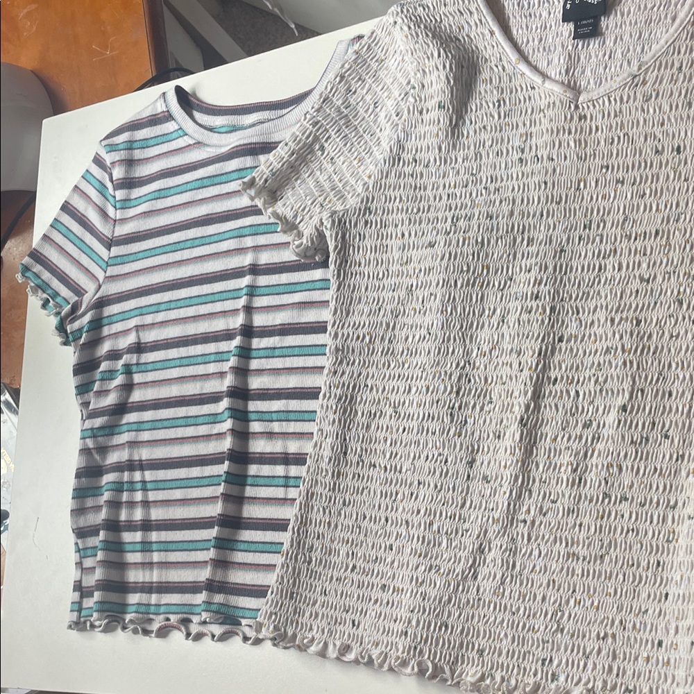 Striped Ruffle Top and Textured top with Subtle Accents